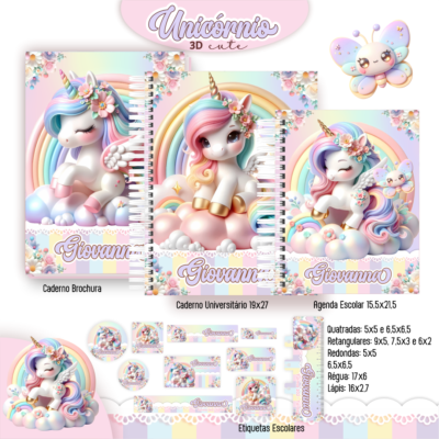 Agenda e Etiquetas Escolares Unicórnio Candy 2025 Arquivo Digital