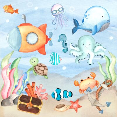 Kit Digital Fundo do Mar Aquarela Meninos