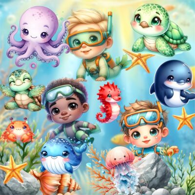 Kit Digital Fundo do Mar Menino Aquarela