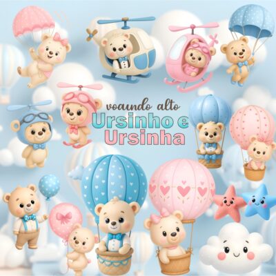 Kit Digital Ursinho e Ursinha Voando Alto