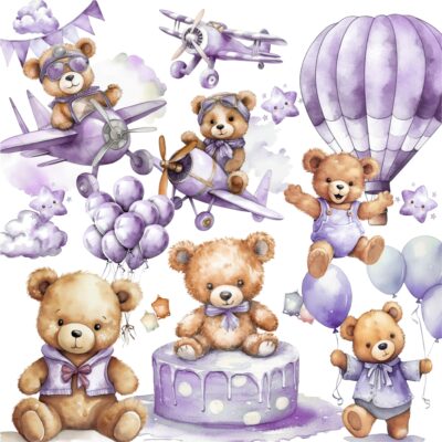 kit digital Ursinho Baby Aquarela Roxinho