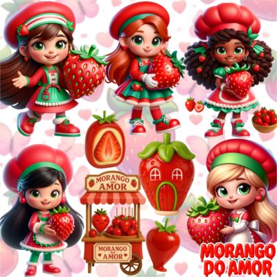 Kit Digital Morango do Amor 3D Cute