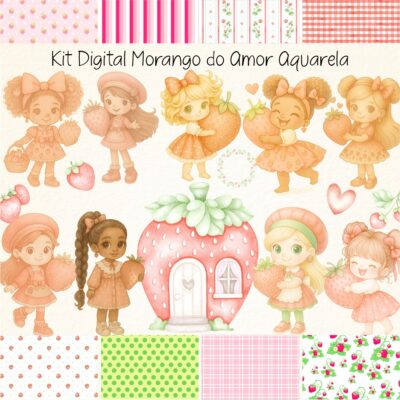 Kit Digital Morango do Amor Aquarela
