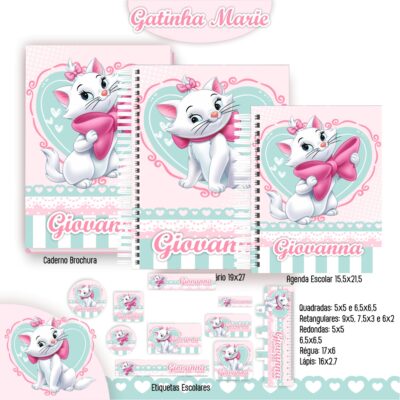 Arquivo Digital Escolar Gatinha Marie Etiquetas e Cadernos